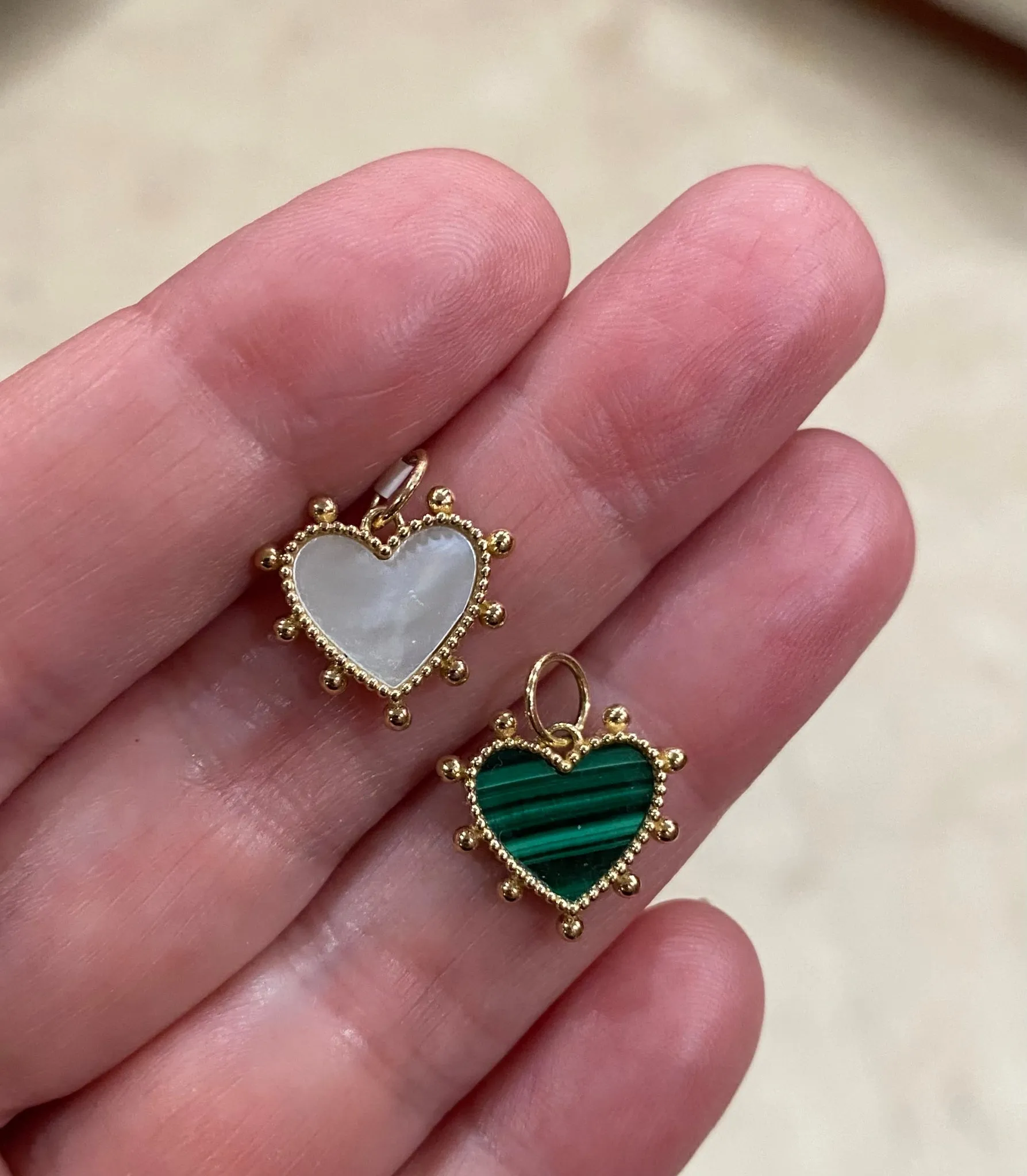 Beaded Mother of Pearl/Malachite Heart Pendant Charm