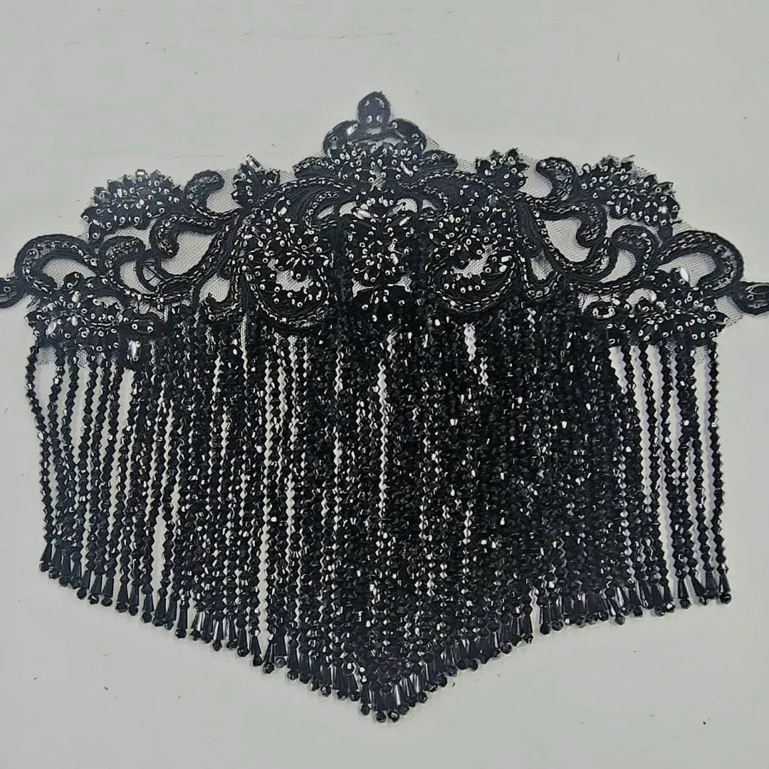 Beaded Patch With Fringing Black