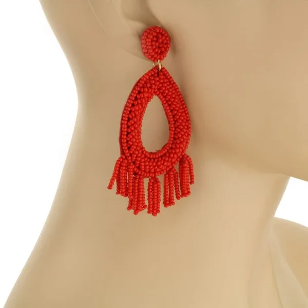 Beaded Post Earrings with Tassels - Red