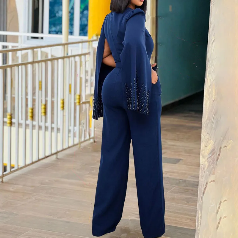 Beaded Square Neck Slit Sleeve Wide Leg Jumpsuit With Belt