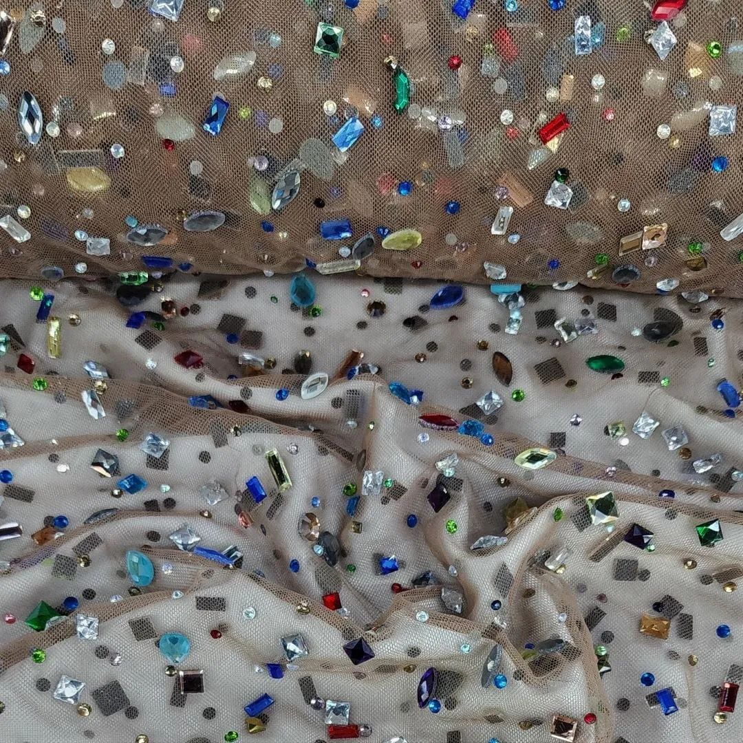 Beaded Stone Lace Fabric Beige 120 cm