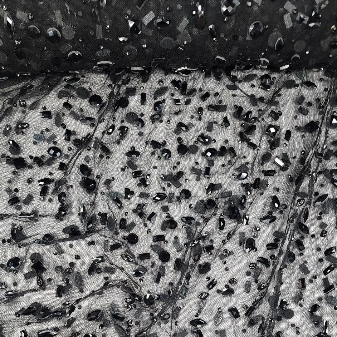 Beaded Stone Lace Fabric Black 120 cm