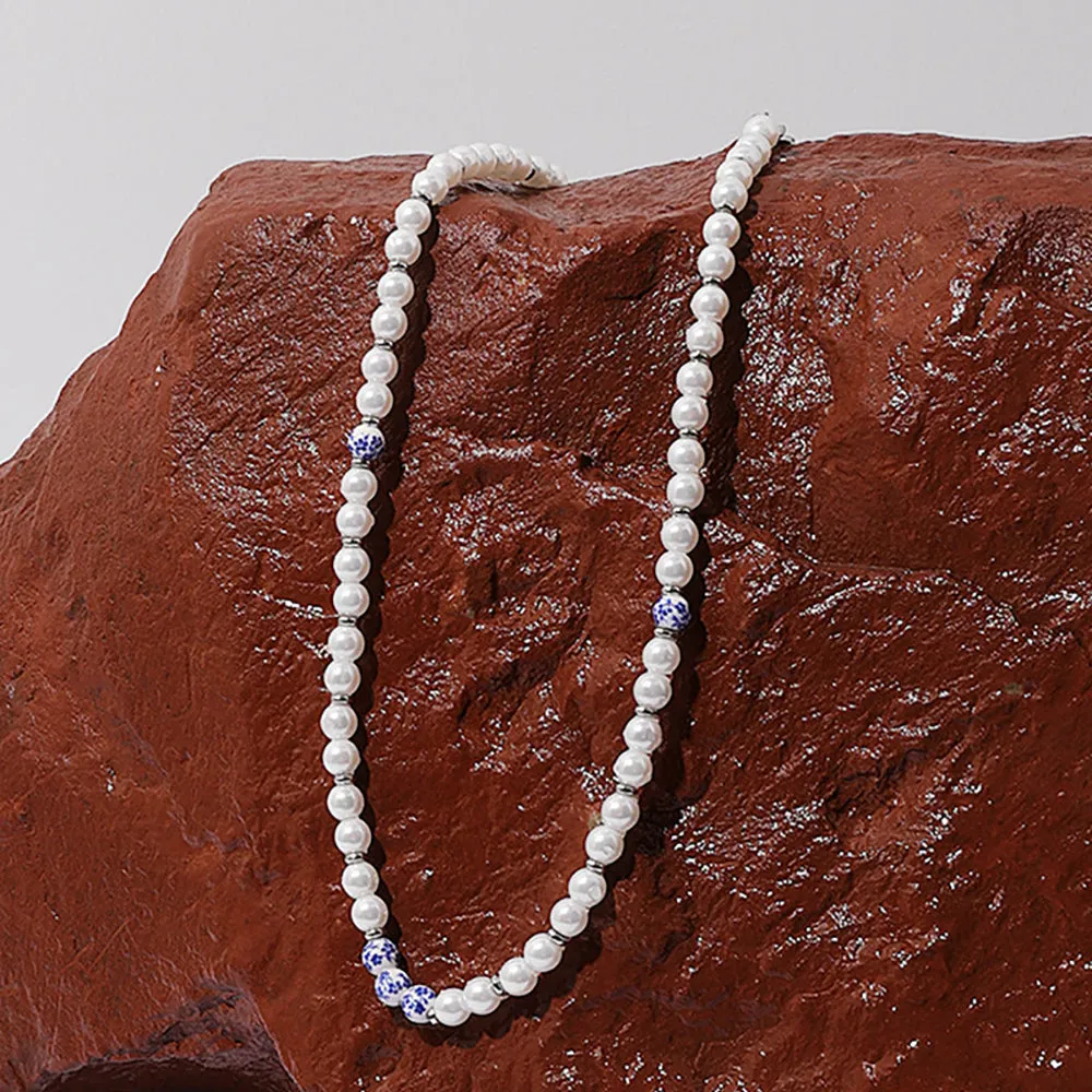 Beautiful 6mm Pearl Necklace Chain Beaded White Gold Plated Fashion Jewelry