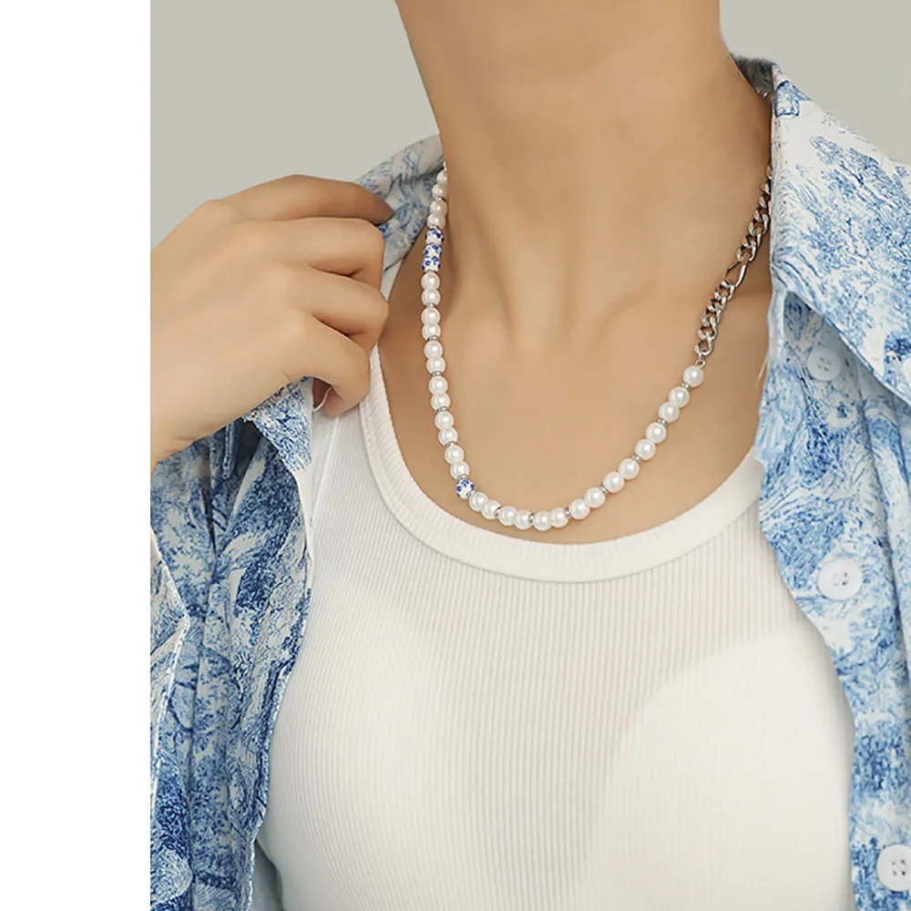 Beautiful 6mm Pearl Necklace Chain Beaded White Gold Plated Fashion Jewelry
