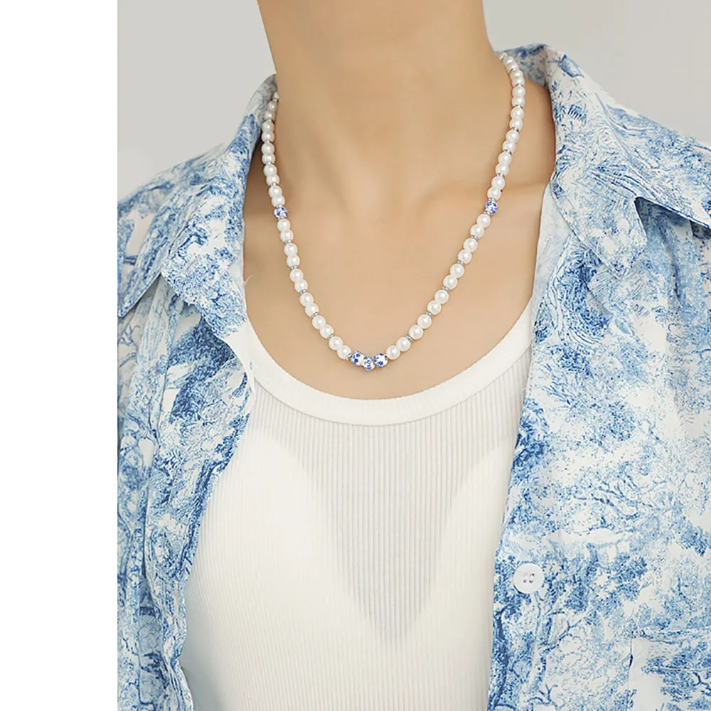 Beautiful 6mm Pearl Necklace Chain Beaded White Gold Plated Fashion Jewelry