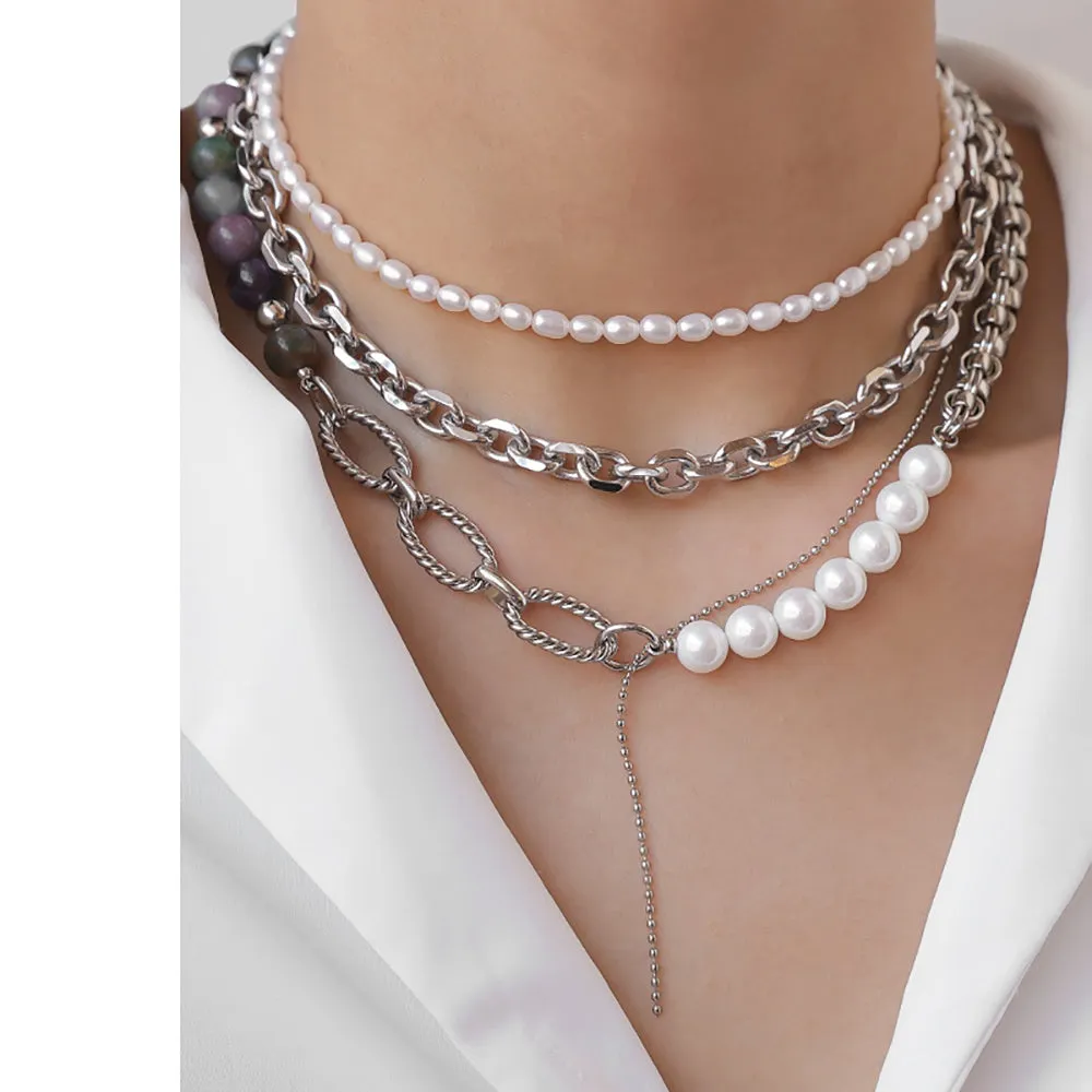 Beautiful Natural Stone Azure Stone Pearl Necklace Beaded White Gold Plated Fashion Jewelry