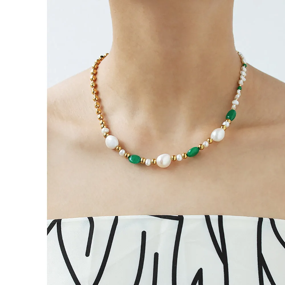 Beautiful Natural Stone Pearl Necklace Beaded Gold Plated Fashion Jewelry