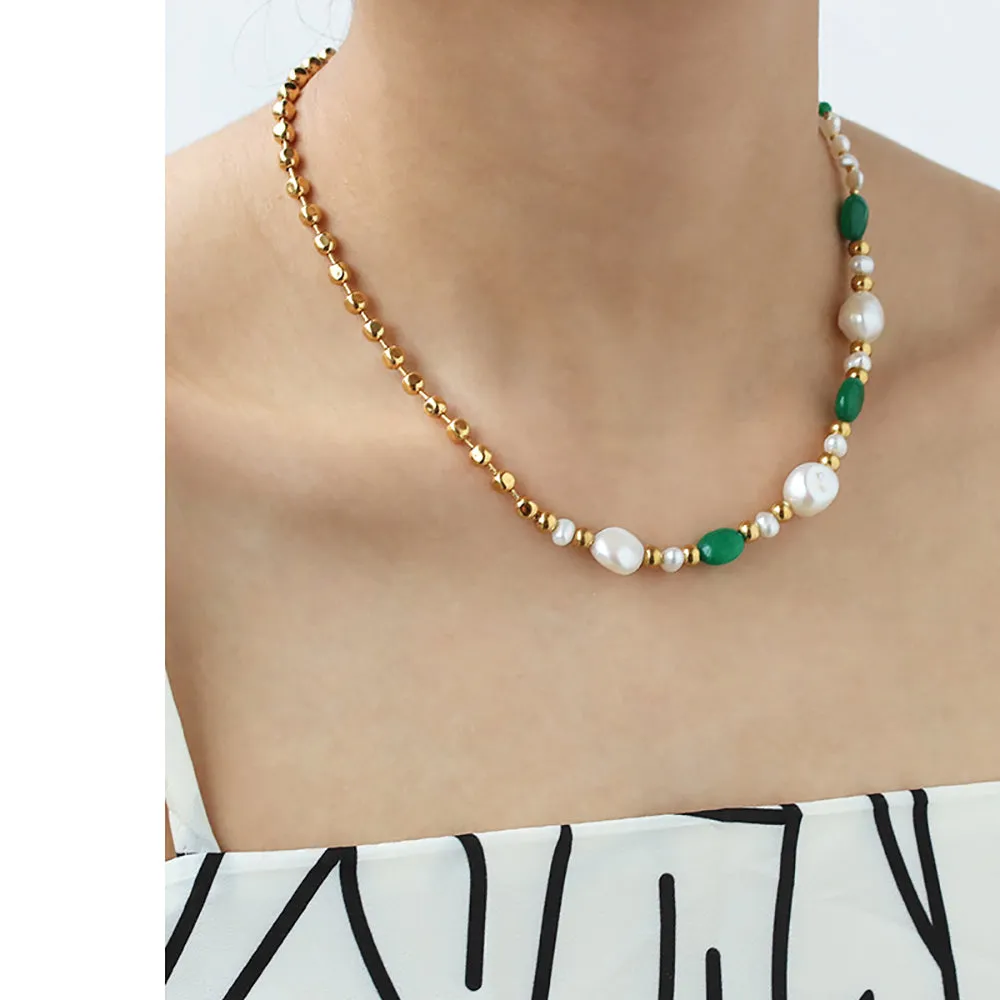 Beautiful Natural Stone Pearl Necklace Beaded Gold Plated Fashion Jewelry