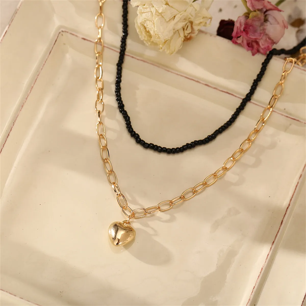 Black Howlite & 18K Gold-Plated Heart Pendant Necklace Set
