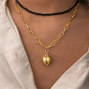 Black Howlite & 18K Gold-Plated Heart Pendant Necklace Set