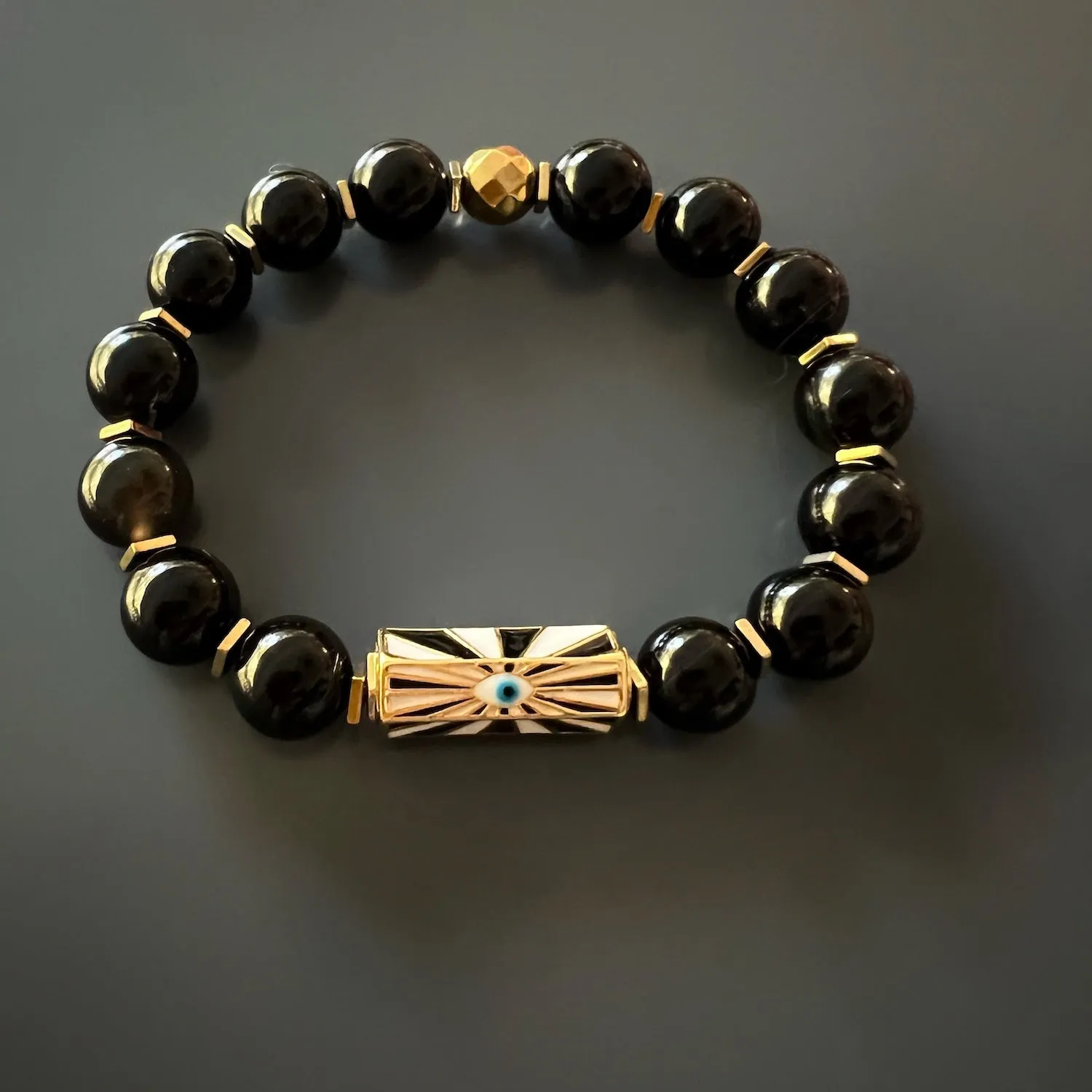 Black Onyx Stone Beaded Evil Eye Charm Bracelet
