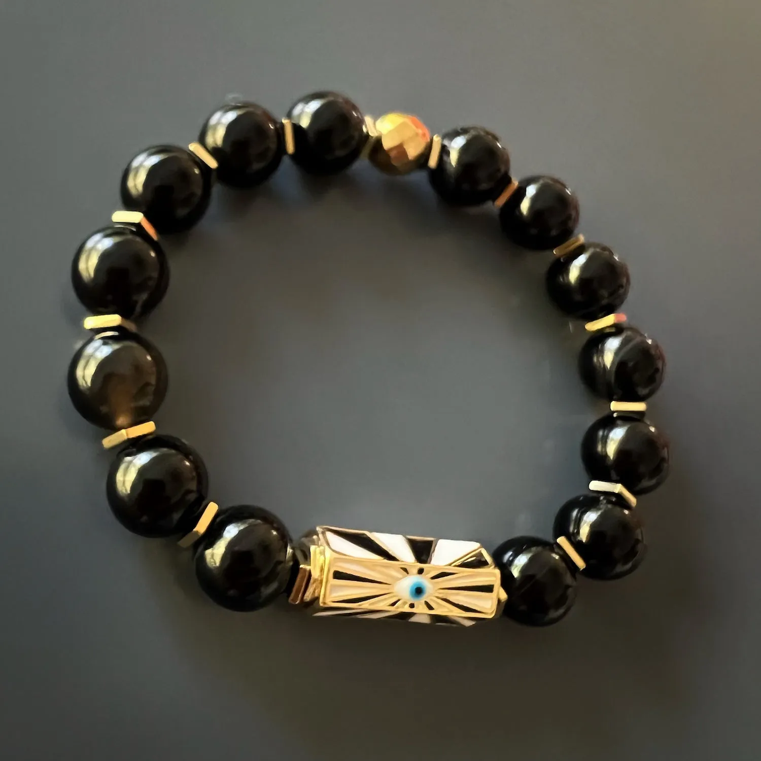 Black Onyx Stone Beaded Evil Eye Charm Bracelet