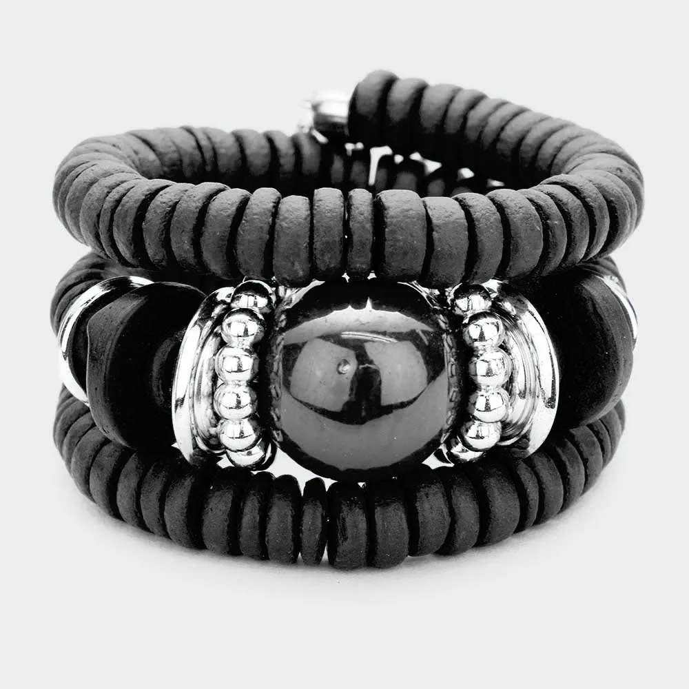 Black Resin Ball Wood Beaded Adjustable Fun Fashion Bracelet |  439007