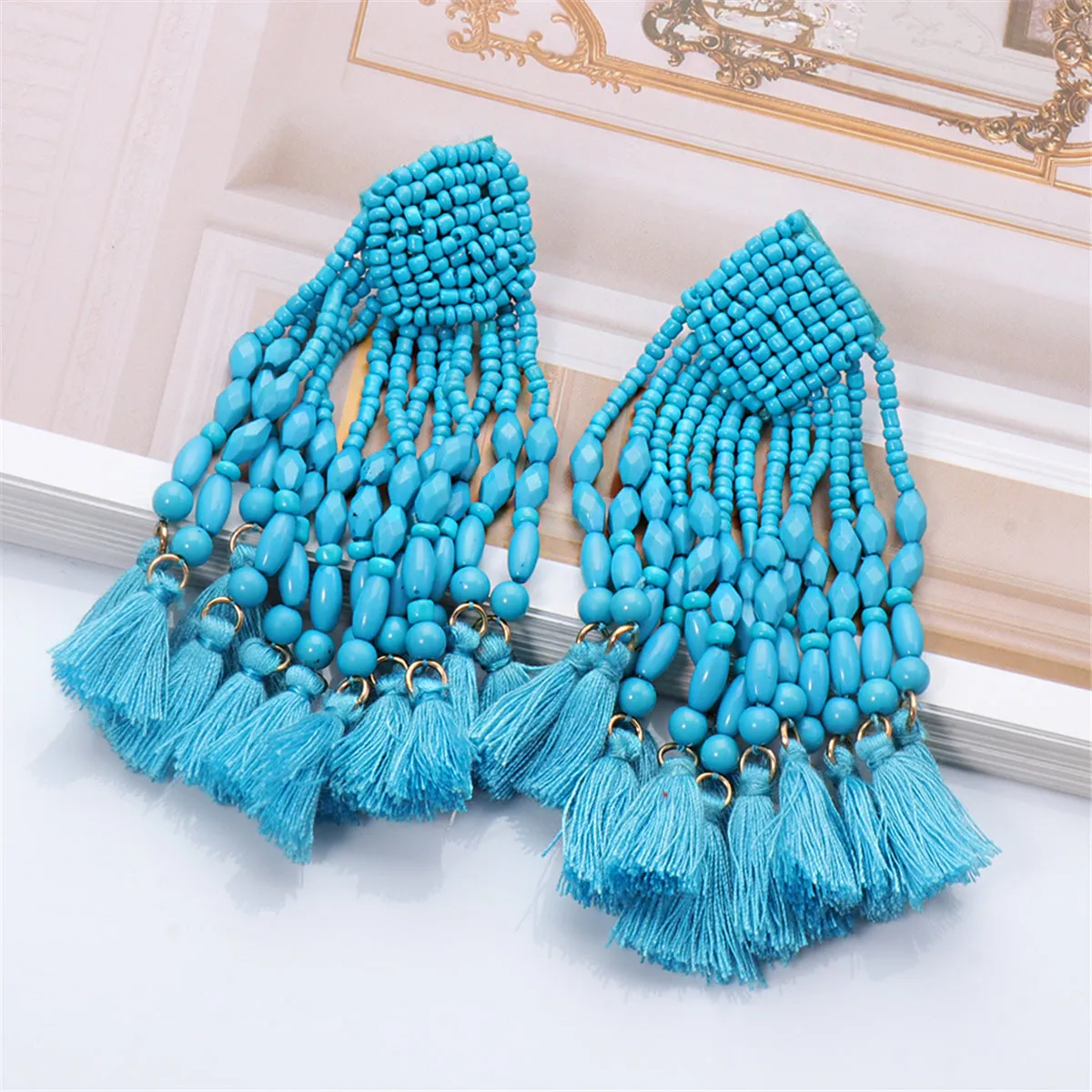 Blue Howlite & 18K Gold-Plated Beaded Tassel Drop Earrings