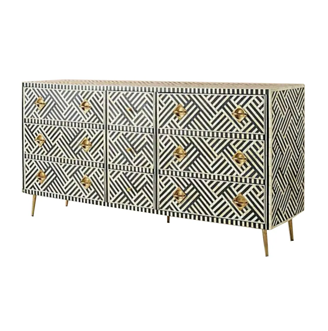 Bone Inlay 9 Drawer Dresser  - Black and White
