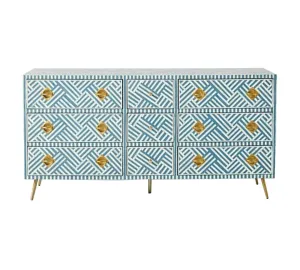 Bone Inlay 9 Drawer Dresser  - Blue and White