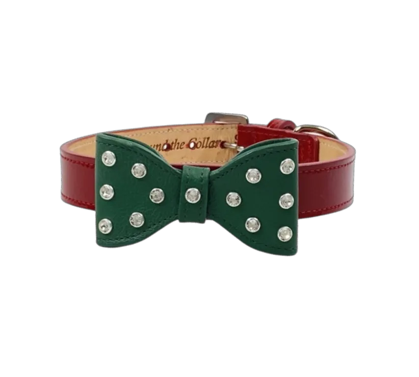 Bow Leather Christmas Dog Collar with Crystals on Large Bow
