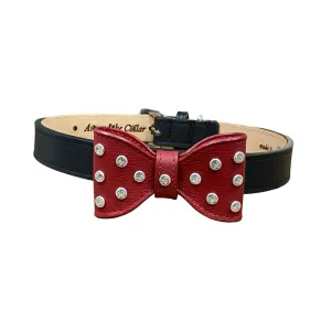 Bow Leather Christmas Dog Collar with Crystals on Large Bow