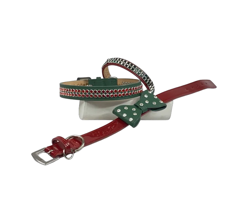 Bow Leather Christmas Dog Collar with Crystals on Large Bow