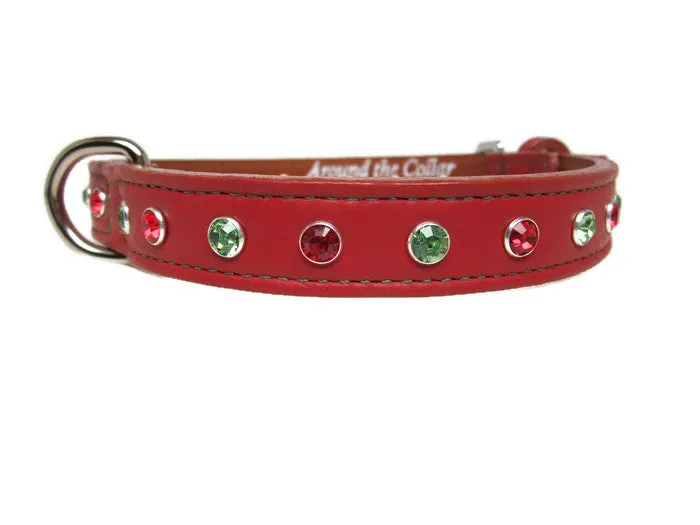 Brie Leather Christmas Dog Collar with Single Row Crystals