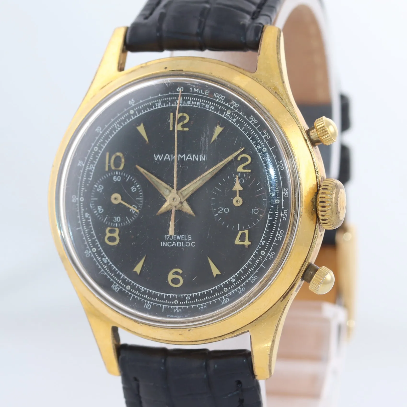 BROKEN Vintage Wakmann 36mm Black Chronograph Manual Wind Watch Incabloc