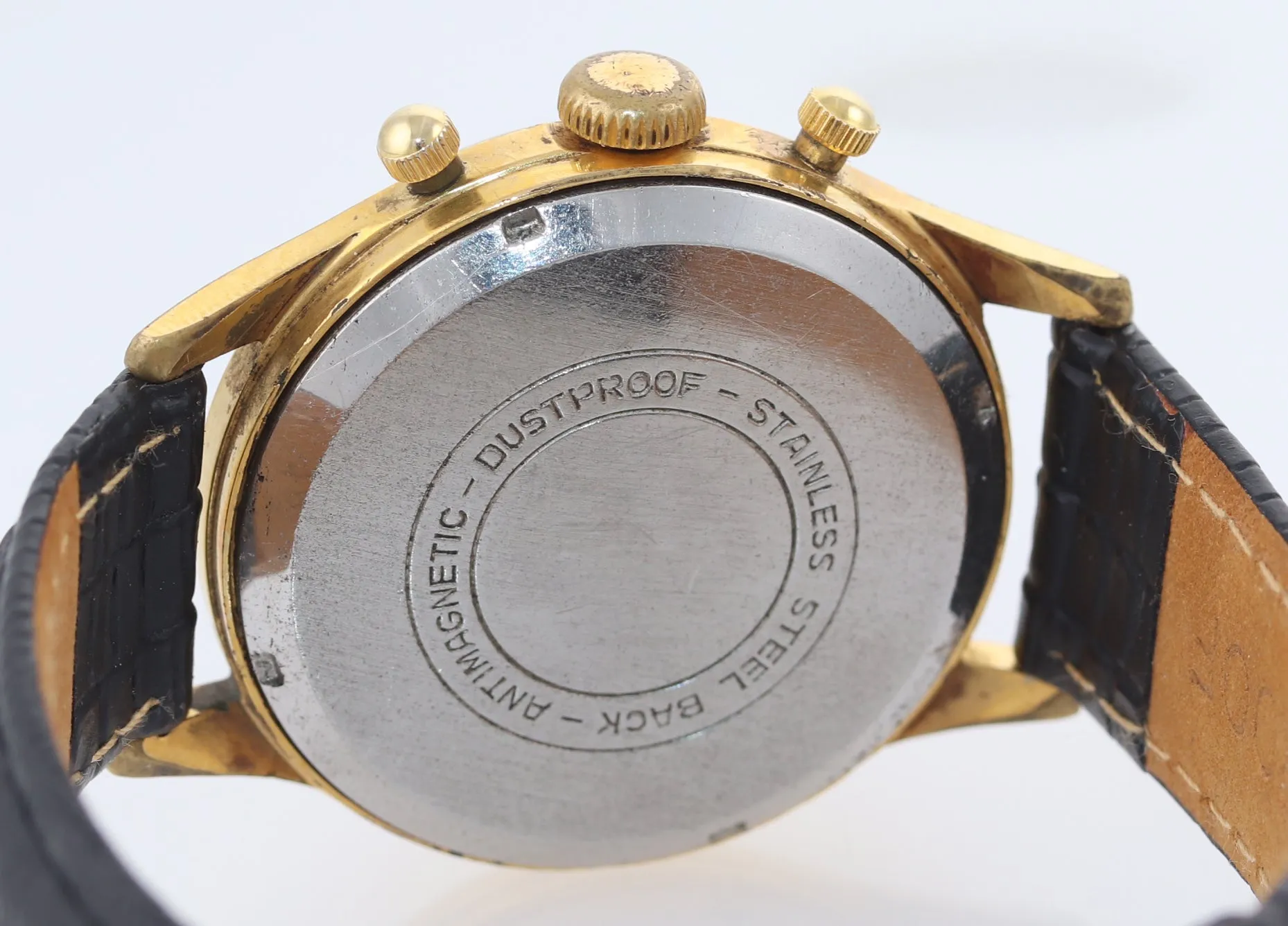 BROKEN Vintage Wakmann 36mm Black Chronograph Manual Wind Watch Incabloc