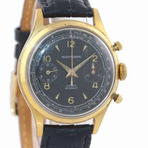 BROKEN Vintage Wakmann 36mm Black Chronograph Manual Wind Watch Incabloc