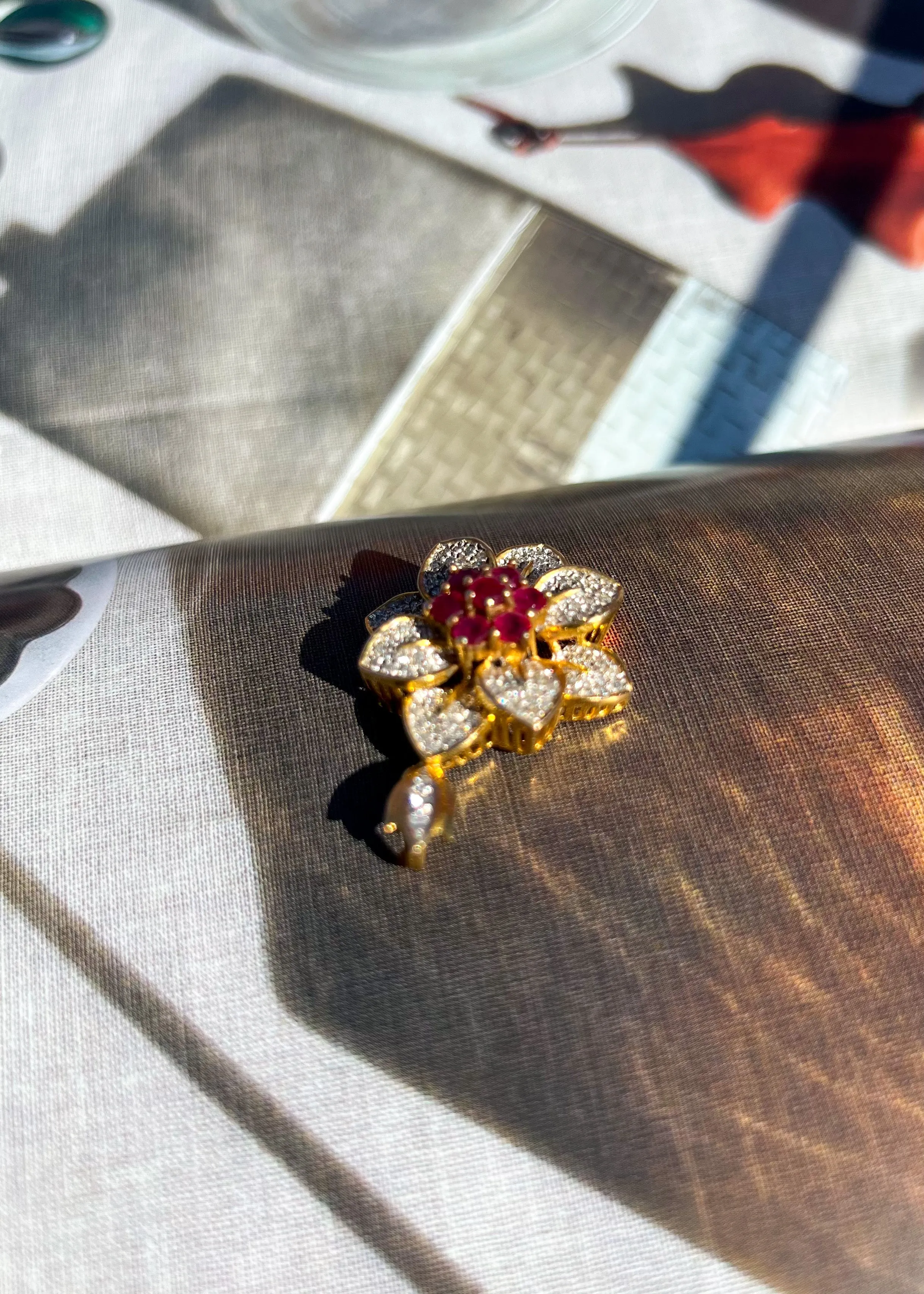Camellia Ruby and Diamond Flower 18k Solid Gold Pendant
