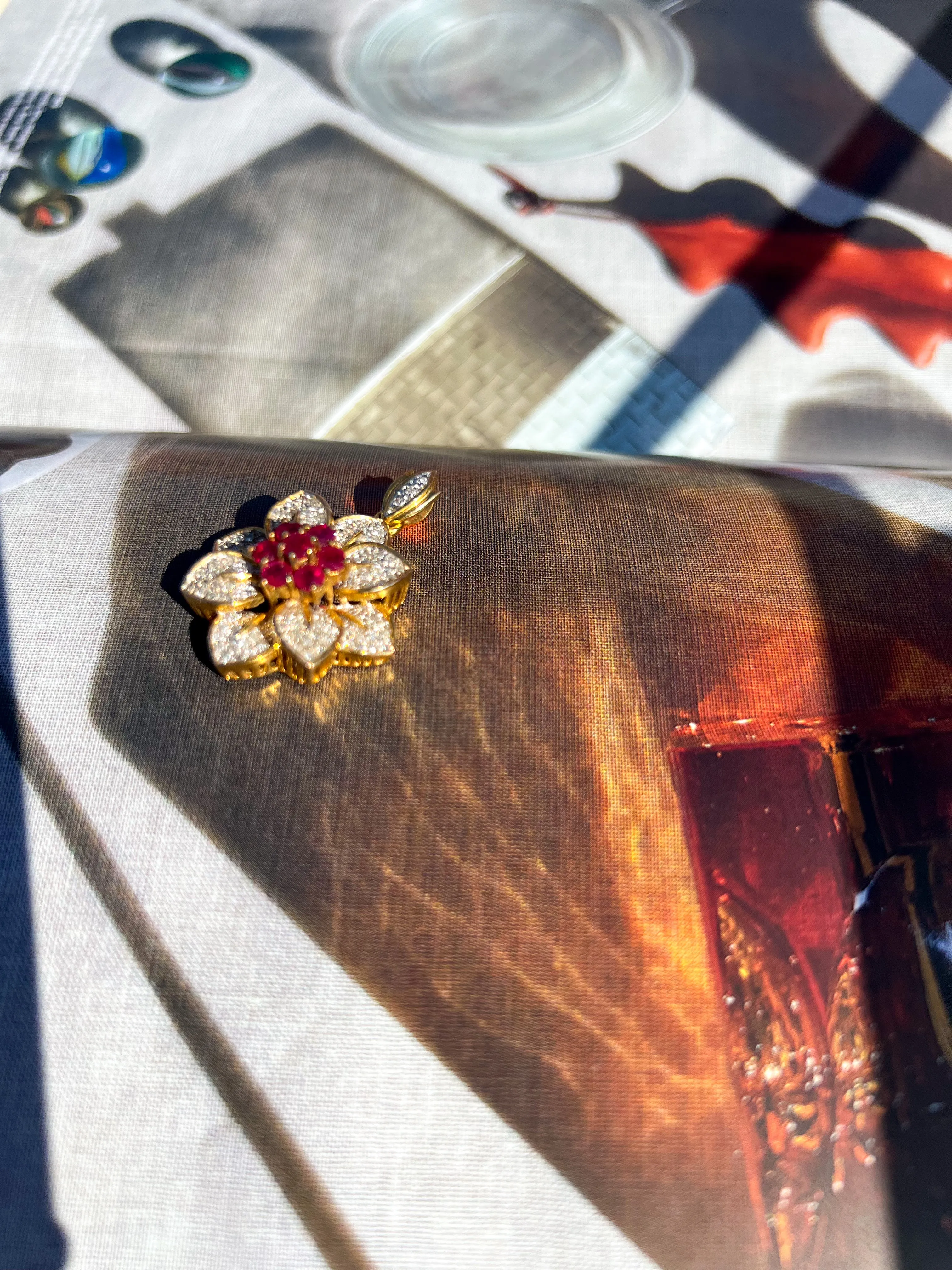 Camellia Ruby and Diamond Flower 18k Solid Gold Pendant