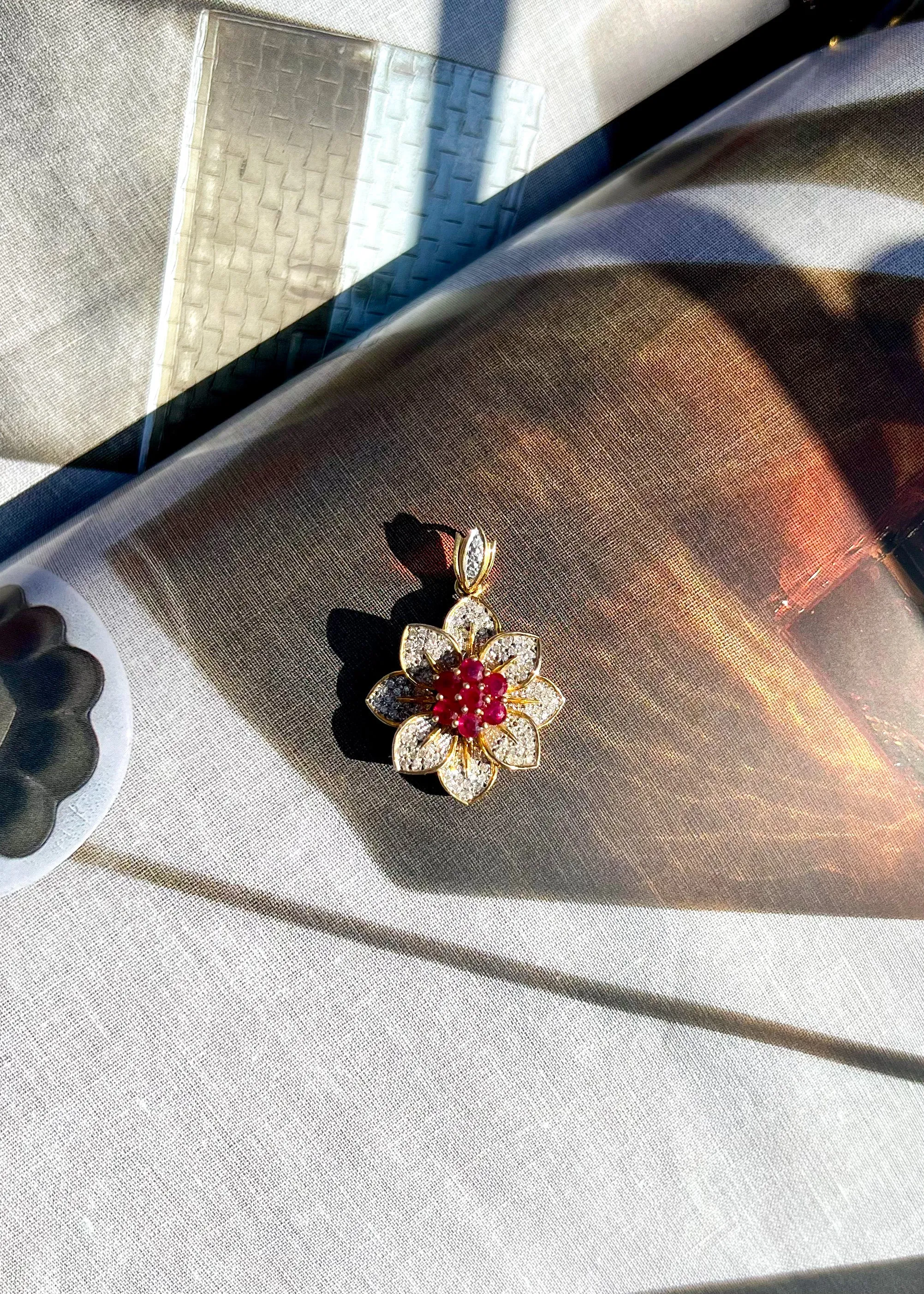 Camellia Ruby and Diamond Flower 18k Solid Gold Pendant