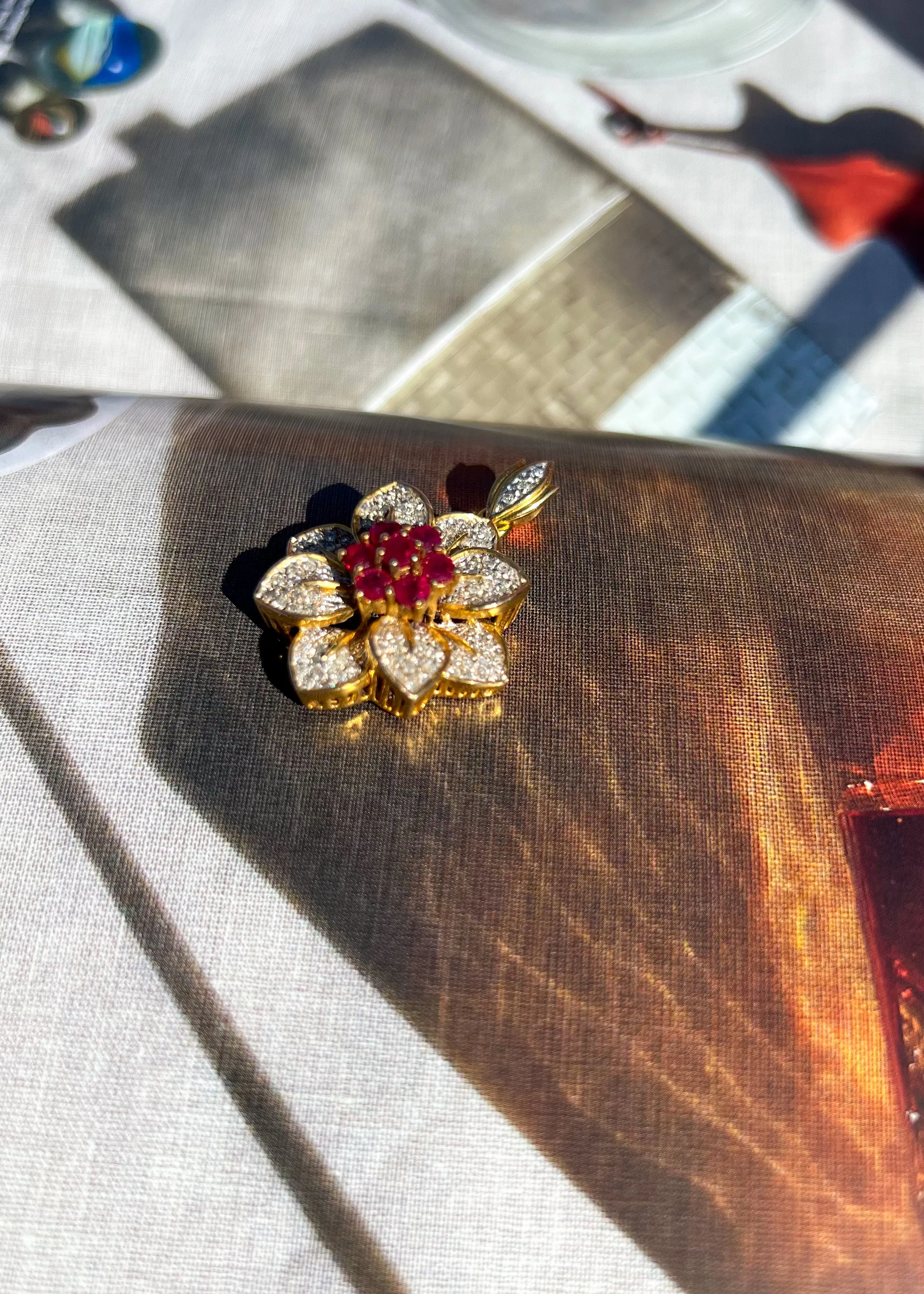 Camellia Ruby and Diamond Flower 18k Solid Gold Pendant