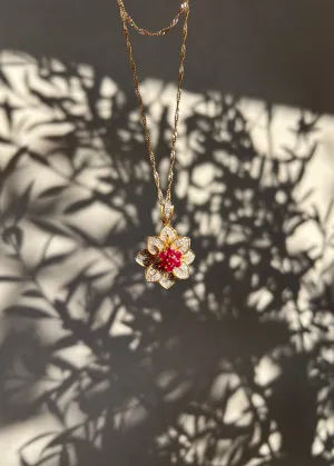 Camellia Ruby and Diamond Flower 18k Solid Gold Pendant