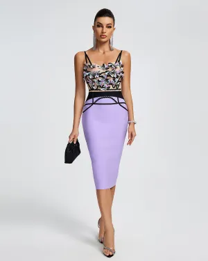 Crystal Beaded Applique Midi Bandage Dress