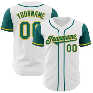 Custom White Teal-Gold Authentic Two Tone Baseball Jersey