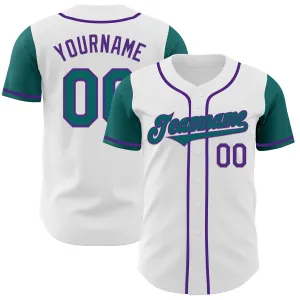 Custom White Teal-Purple Authentic Two Tone Baseball Jersey