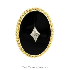Diamond Accented Oval Black Onyx Brooch Pin with Rope Designed Bezel in 10k Yellow Gold