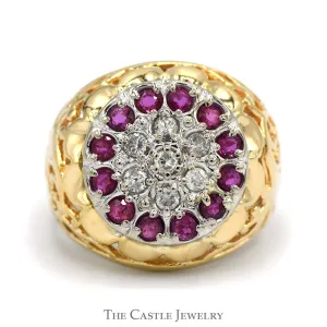 Diamond & Ruby Kentucky Cluster Ring with Open Filigree Sides in 14k Yellow Gold