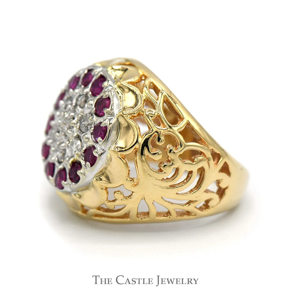 Diamond & Ruby Kentucky Cluster Ring with Open Filigree Sides in 14k Yellow Gold