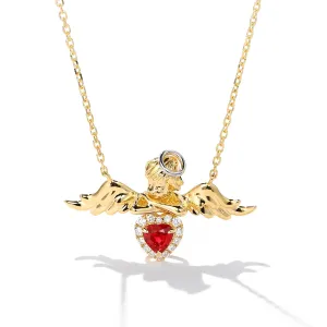 Diamond and Ruby Angel Cherub Love Heart Pendant Necklace