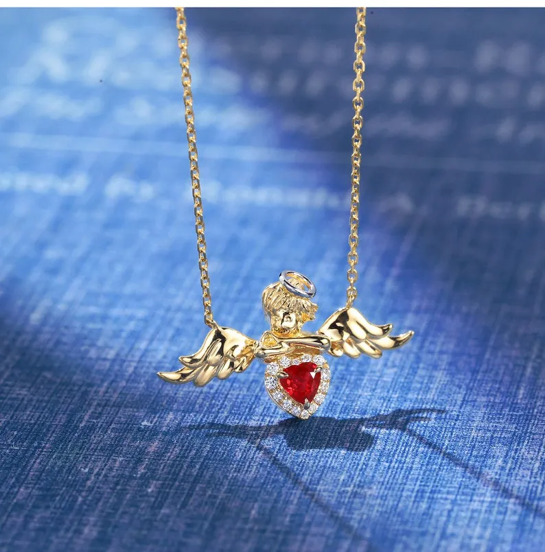 Diamond and Ruby Angel Cherub Love Heart Pendant Necklace