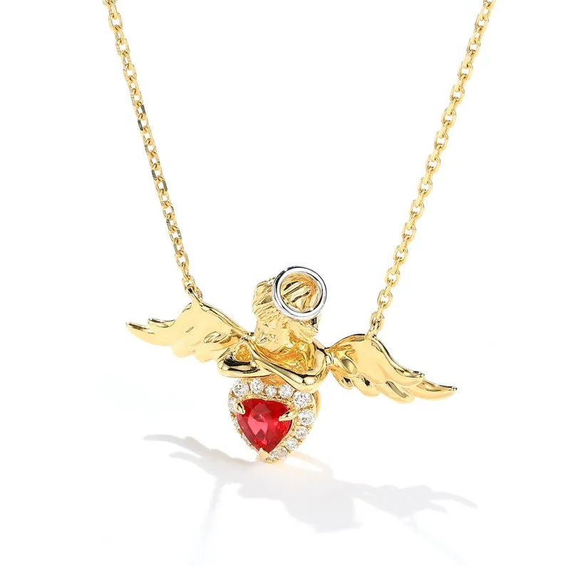 Diamond and Ruby Angel Cherub Love Heart Pendant Necklace