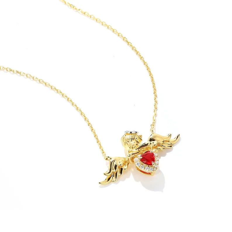 Diamond and Ruby Angel Cherub Love Heart Pendant Necklace