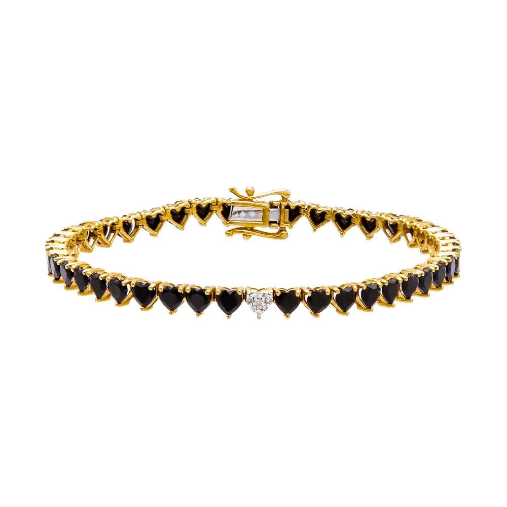 Diamond Pave Accented Onyx Heart Tennis Bracelet 14K