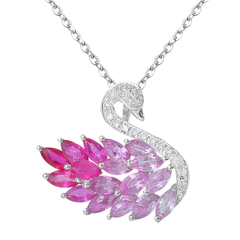 Diamond, Ruby and Pink Sapphire Swan Pendant Necklace