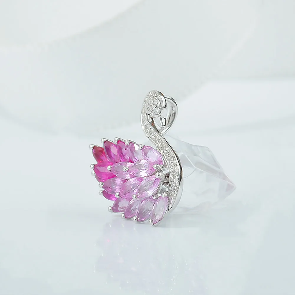Diamond, Ruby and Pink Sapphire Swan Pendant Necklace