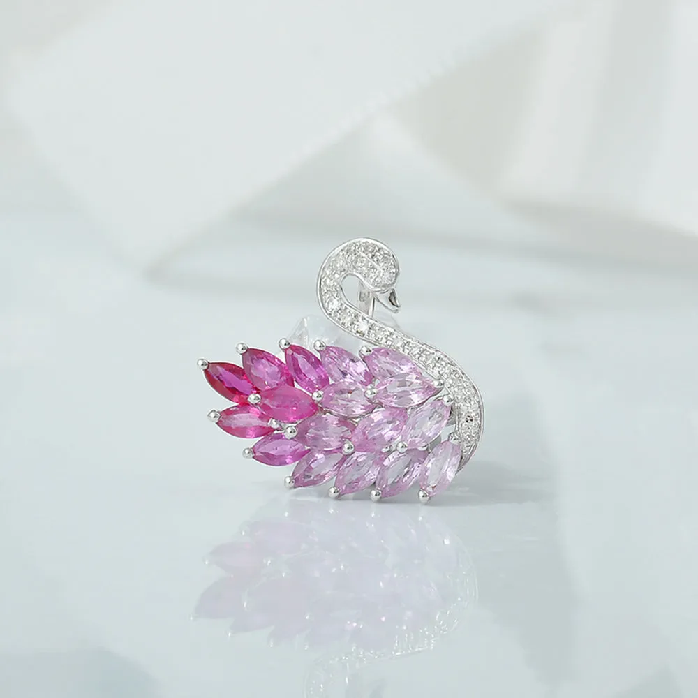 Diamond, Ruby and Pink Sapphire Swan Pendant Necklace