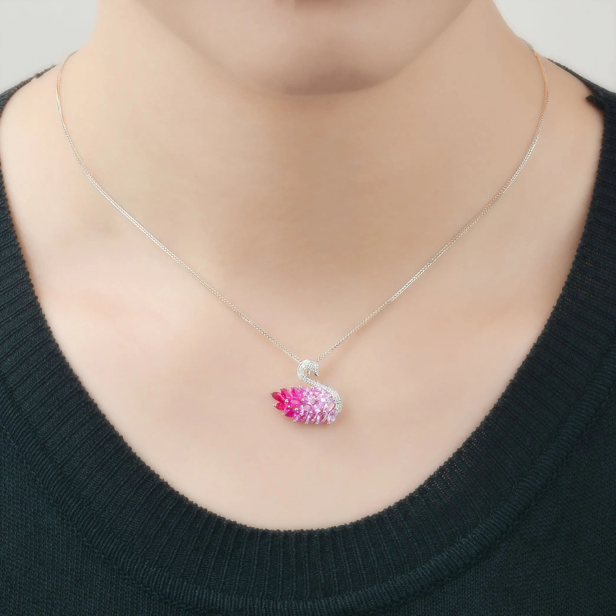 Diamond, Ruby and Pink Sapphire Swan Pendant Necklace