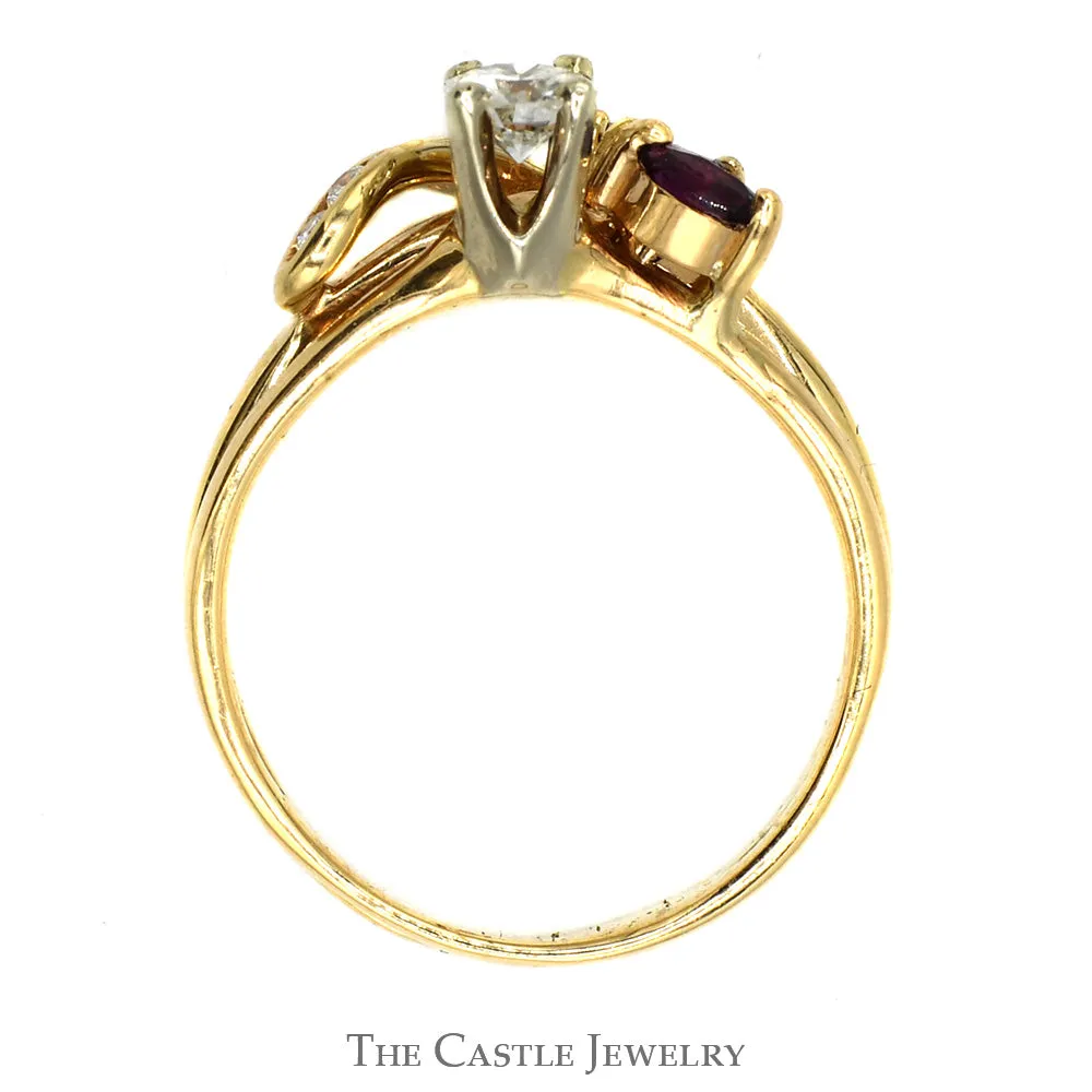 Diamond Solitaire Engagement Ring with Ruby and Diamond Soldered Wrap in 14k Yellow Gold
