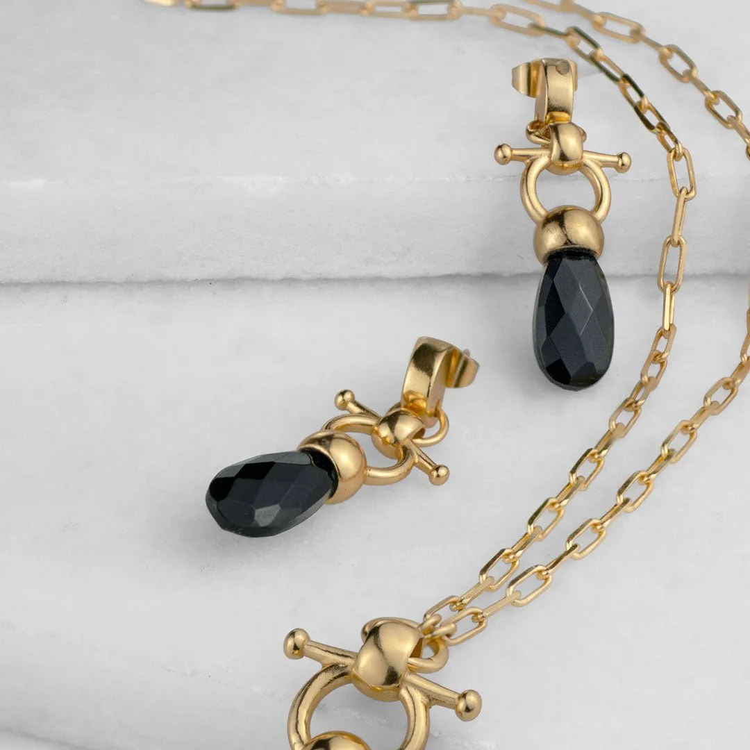 Droplette - Snaffle Horse Bit and Black Onyx 14K Gold on Sterling Silver Earring