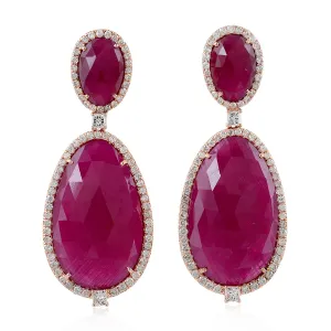 Egg Cut Ruby Gemstone Natural Diamond Luxury Dangler 18K Rose Gold Jewelry